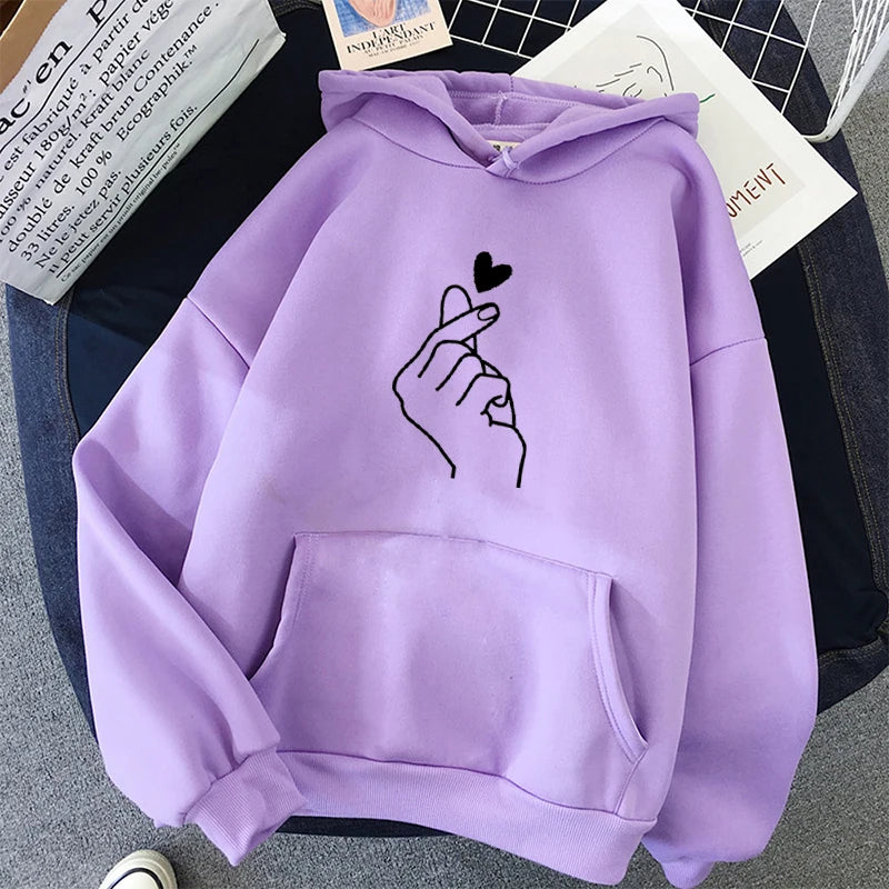 Women Hoodies Casual Kpop Finger Heart Love Pattern Hoody Sweatshirts