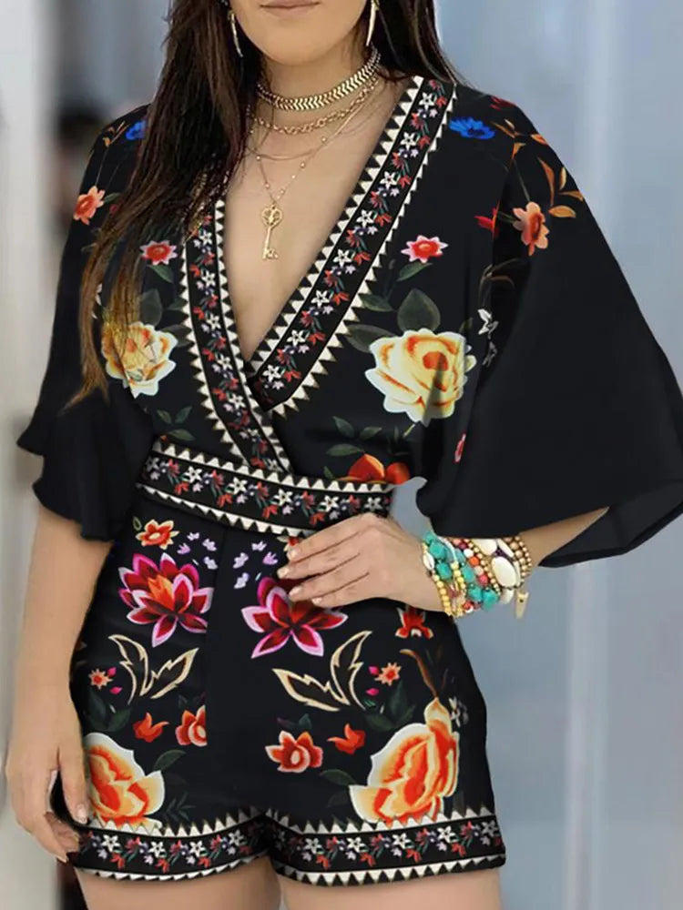 Women One Piece Overalls Deep V Neck Floral Half Sleeve Romper