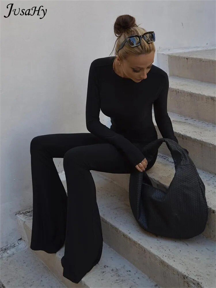 Summer Fashion Long Sleeves Solid Bodysuit