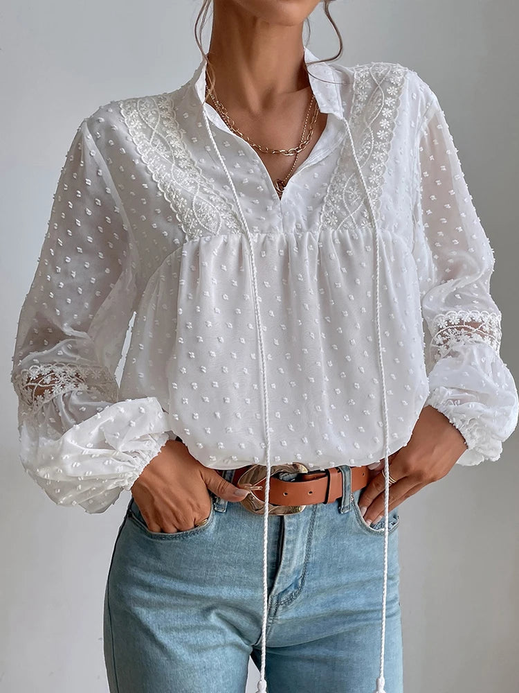 Elegant Chiffon Lace Blouses Lantern Sleeve