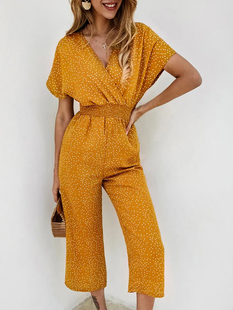 Short Sleeve Summer Casual Print V-neck Jumpsuit