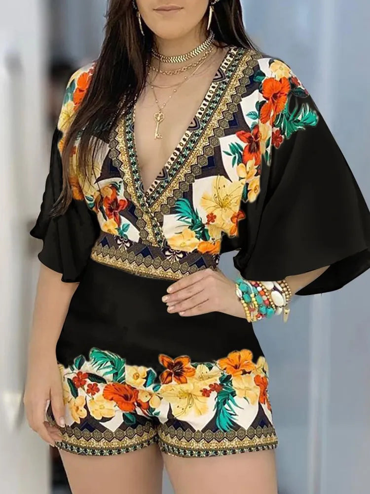 Deep V Neck Floral Half Sleeve Romper