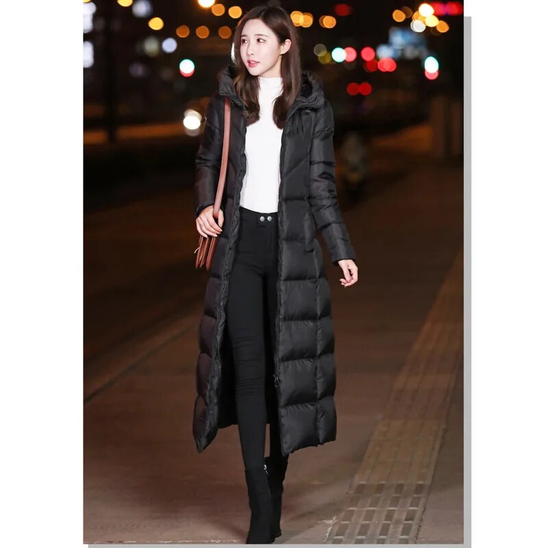 Winter Over-Knee Korea Hooded Black Solid Lattice Warm Long Parka