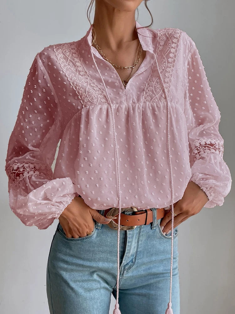 Elegant Chiffon Lace Blouses Lantern Sleeve