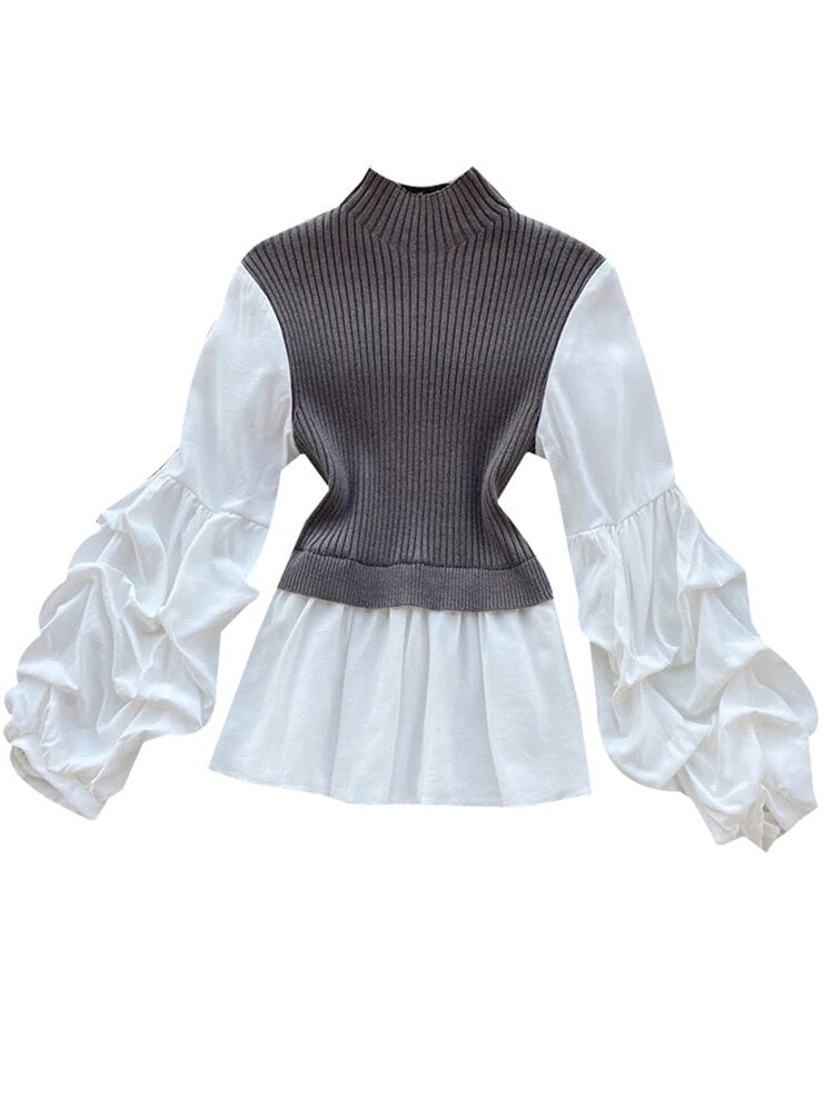 Women's Knit Patchwork Fake Two-Piece  Shirt