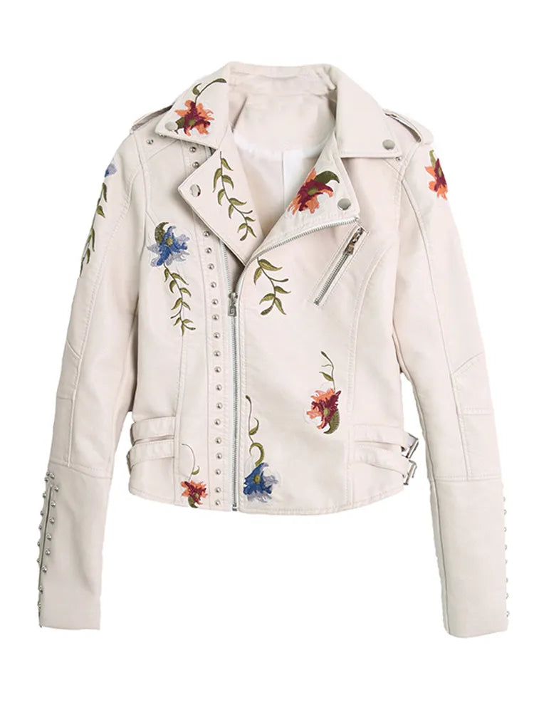 Ftlzz Women Floral Print Embroidery Faux Soft Leather Jacket Coat