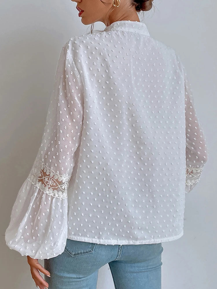 Elegant Chiffon Lace Blouses Lantern Sleeve