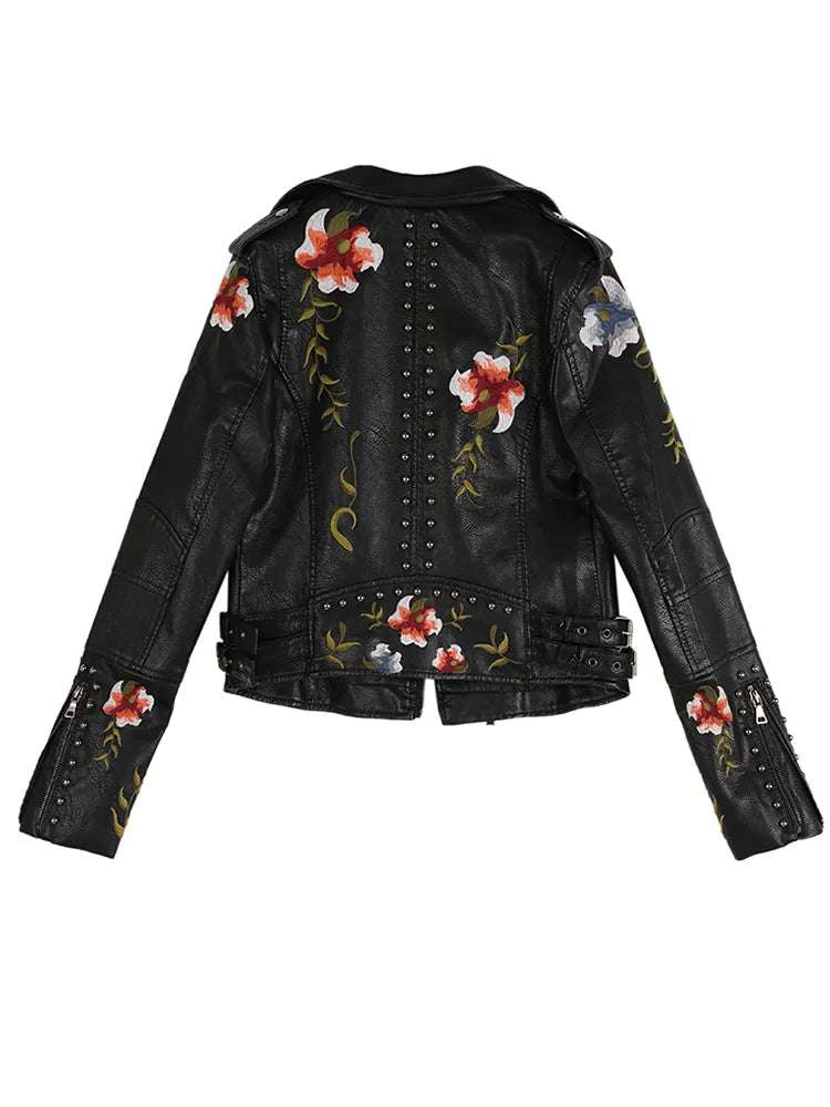 Ftlzz Women Floral Print Embroidery Faux Soft Leather Jacket Coat