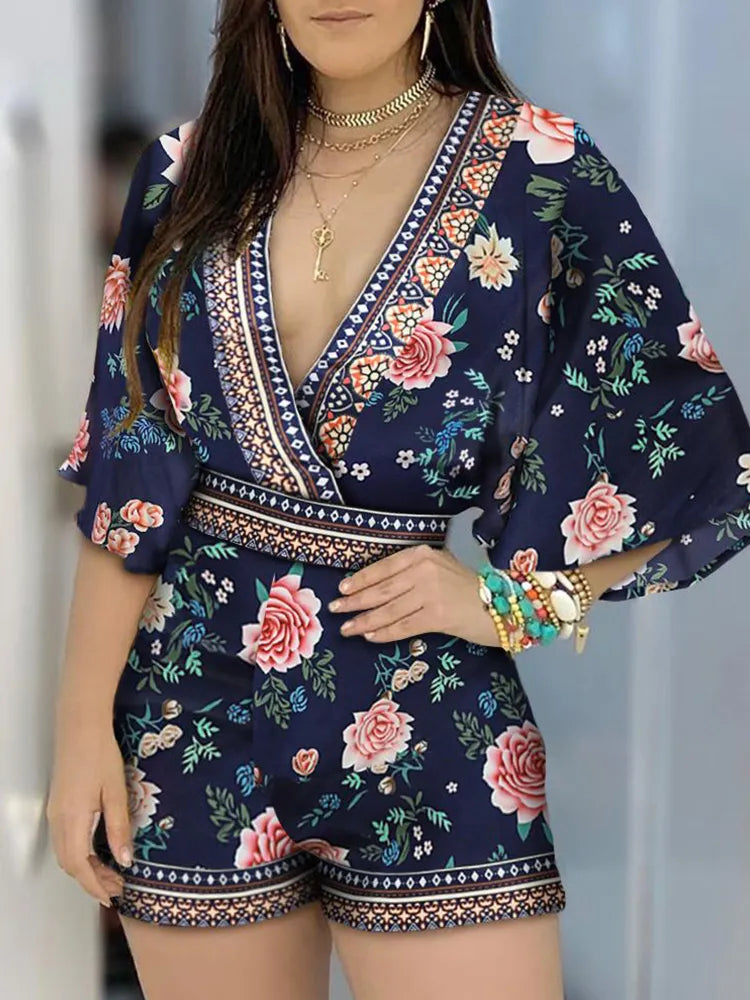 Women One Piece Overalls Deep V Neck Floral Half Sleeve Romper