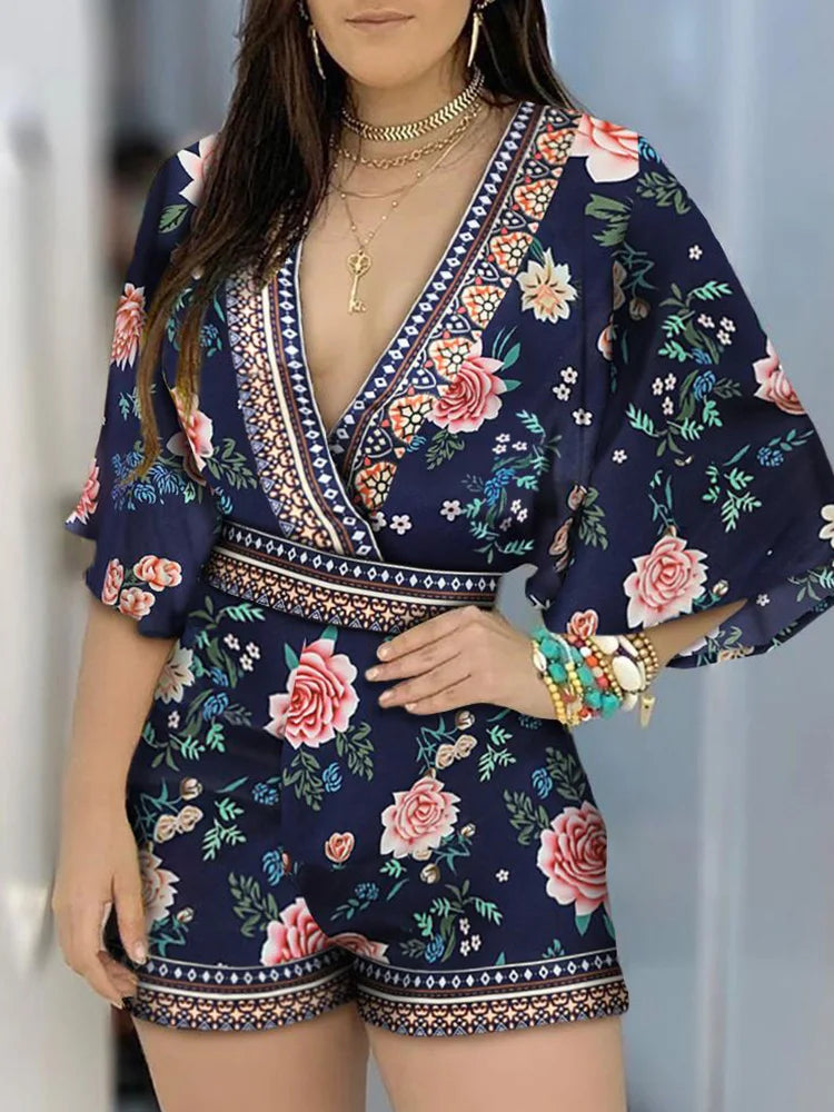 Deep V Neck Floral Half Sleeve Romper