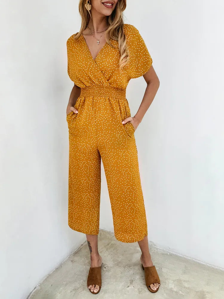 Short Sleeve Summer Casual Print V-neck Jumpsuit