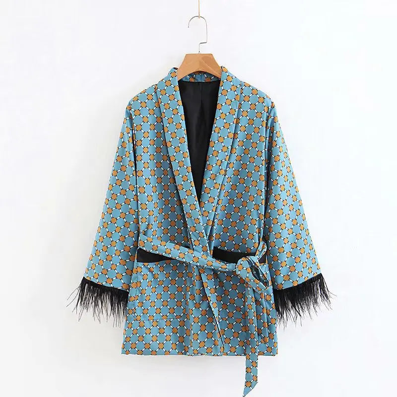 Kimono Jacket with Feather Sleeves and Wide Leg Pants