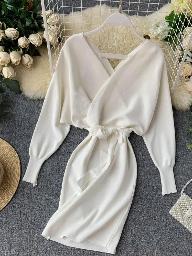 Knitted Sweater Long Batwing Sleeve V Neck Elegant Dress