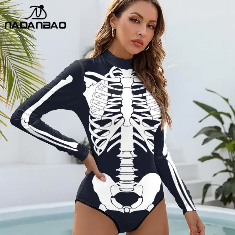 Women Girls Sexy Summer Bodysuit Skeleton Printed Party Swimwear