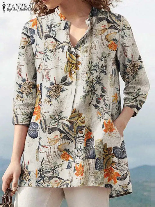 Casual V Neck Summer Floral Printed Tops for Women