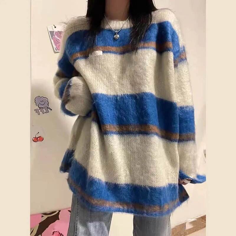 Striped Autumn Winter Pullovers Korean Style Women Sweaters