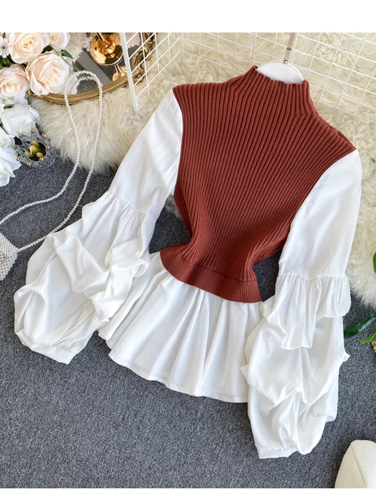 Women's Knit Patchwork Fake Two-Piece  Shirt