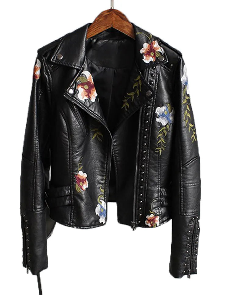 Ftlzz Women Floral Print Embroidery Faux Soft Leather Jacket Coat